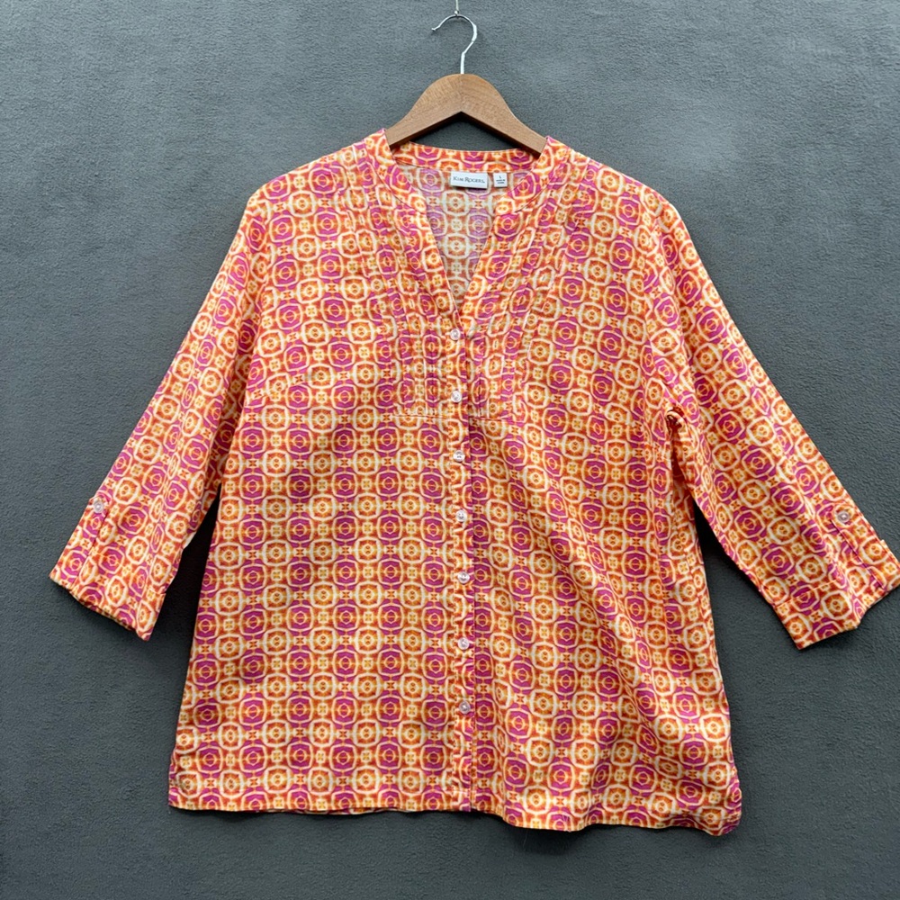 Kim Rogers Women’s Large Linen Cotton Blouse Button Up Roll Tab Sleeve Pintuck